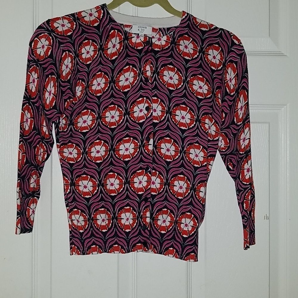 Crown & Ivy navy floral print cardigan Sz PXS NWOT